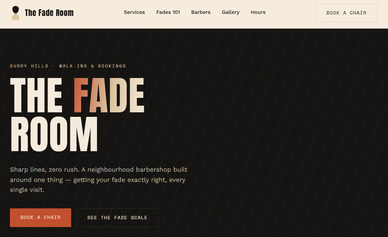 The Fade Room barbershop website screenshot