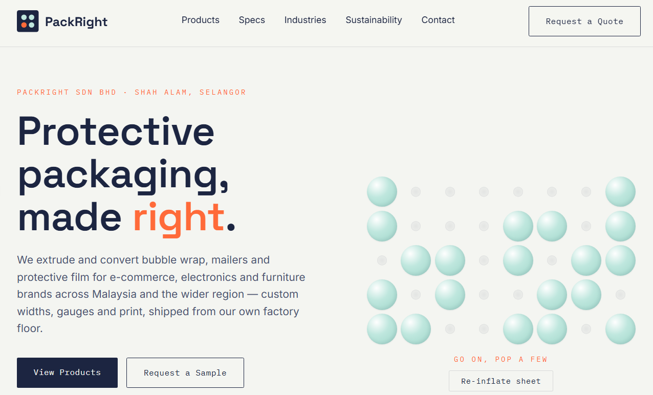 PackRight bubble wrap manufacturer website screenshot