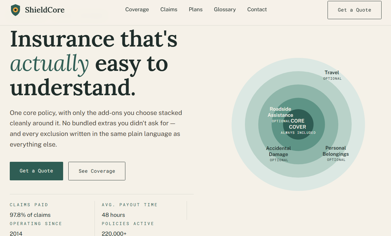 ShieldCore Insurance corporate website screenshot